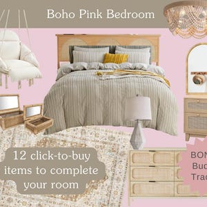 Tablero de ideas para dormitorio en color rosa boho con lista de compras interactiva / Servicio de diseño de interiores virtual / Tablero de ideas para comprar Diseño de interiores / Diseño electrónico