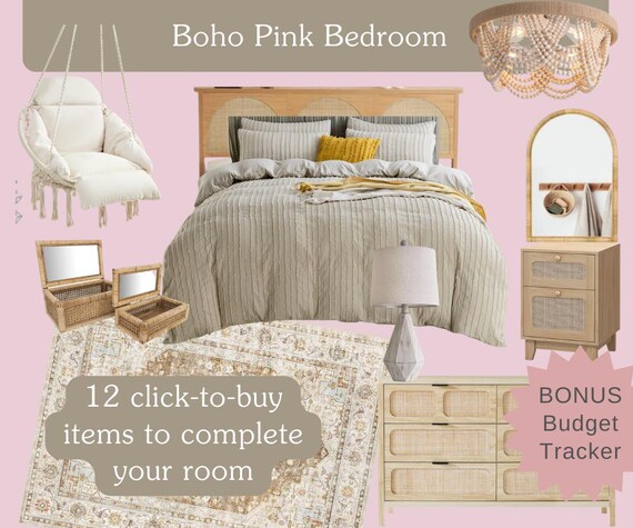 Boho Pink Bedroom Mood Board With Clickable Shopping List