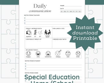 Afdrukbaar dagelijks communicatielogboek voor kinderen met speciale behoeften Studenten Leraren Ouders Therapeuten Schoolblad Downsyndroom Pagina Autisme Handicap