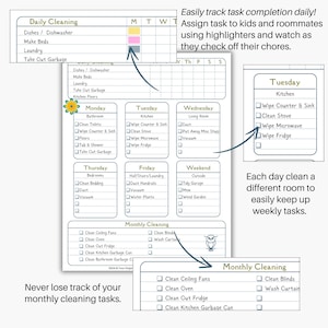 May include: A printable chore chart with a daily and monthly cleaning schedule. The chart is divided into sections for each day of the week and includes tasks such as washing dishes, laundry, and taking out the rubbish. The chart also includes a section for monthly cleaning tasks, such as cleaning ceiling fans and washing curtains.