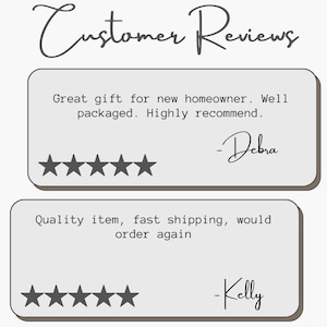 May include: A graphic display titled Customer Reviews featuring two light gray rectangular boxes with rounded corners. Each box contains five dark gray stars and text: Great gift for new homeowner. Well packaged. Highly recommend. -Debra and Quality item, fast shipping, would order again -Kelly.