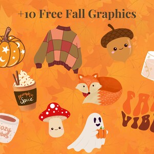 May include: A collection of 10 free fall graphics featuring a pumpkin with stars, a plaid sweater, an acorn with a face, a candle, a cup of pumpkin spice latte, a fox, a mushroom with a face, a ghost holding a pumpkin, a mug with the text "cozy vibes", and the text "fall vibes" in a retro font.