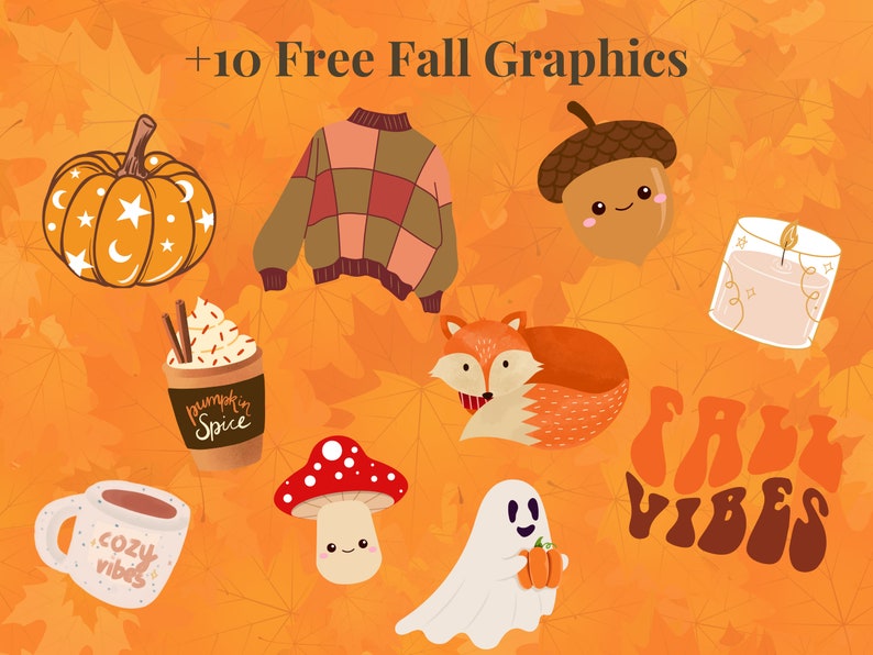 May include: A collection of 10 free fall graphics featuring a pumpkin with stars, a plaid sweater, an acorn with a face, a candle, a cup of pumpkin spice latte, a fox, a mushroom with a face, a ghost holding a pumpkin, a mug with the text "cozy vibes", and the text "fall vibes" in a retro font.