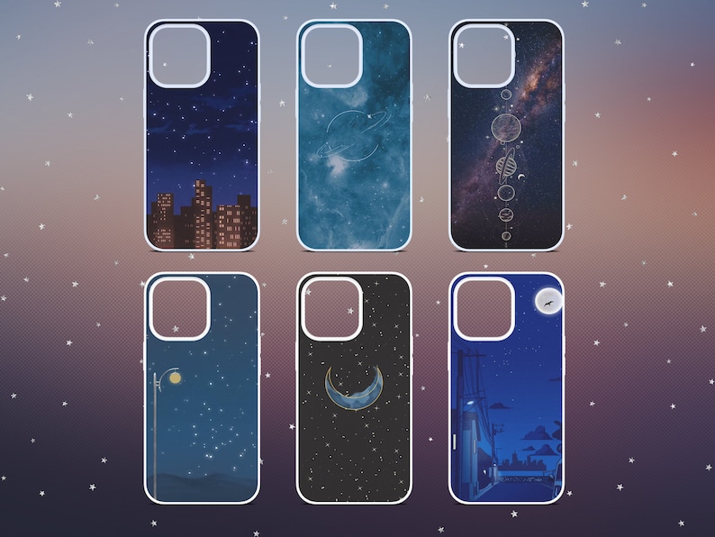 May include: Six different phone cases with a variety of designs. The cases are all white with a clear plastic window showing the design. The designs include a cityscape, a galaxy, a crescent moon, a solar system, a starry night, and a cityscape at night.