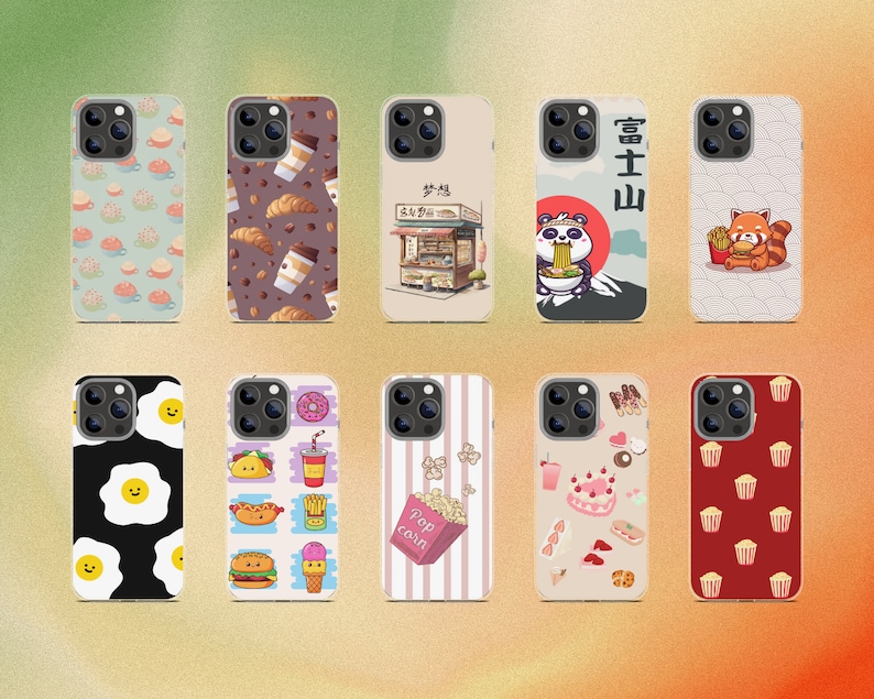 Peut inclure: Dix &eacute;tuis de t&eacute;l&eacute;phone diff&eacute;rents avec des designs vari&eacute;s. Les &eacute;tuis sont tous noirs avec une bordure blanche et pr&eacute;sentent diff&eacute;rentes illustrations, notamment de la nourriture, des animaux et du texte. Les motifs comprennent un panda mangeant des ramen, un panda roux mangeant une sucette glac&eacute;e, un croissant et du caf&eacute;, un &oelig;uf au plat, un hot-dog, du pop-corn, un cupcake et un cupcake avec des p&eacute;pites.