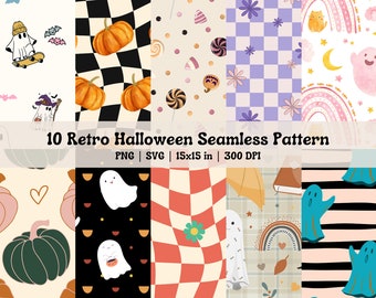 Retro Halloween Seamless Pattern, Halloween Pattern PNG, Pumpkin SVG, Cute Ghost, Retro SVG, Printable Digital Paper, Halloween svg