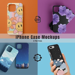 May include: Four iPhone case mockups with different designs. The cases feature a variety of patterns, including flowers, smiley faces, and a night sky with stars and a crescent moon. The mockups are presented on a colorful background.