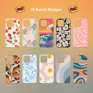 Peut inclure: Dix designs diff&eacute;rents de coques de t&eacute;l&eacute;phone pr&eacute;sentant divers motifs. Les motifs comprennent des cerises, des ananas, des vagues oc&eacute;aniques, des fleurs, des citrons, des feuilles, des hortensias, des marguerites, des vagues abstraites et des tourbillons abstraits. Les coques sont toutes blanches avec un contour noir.