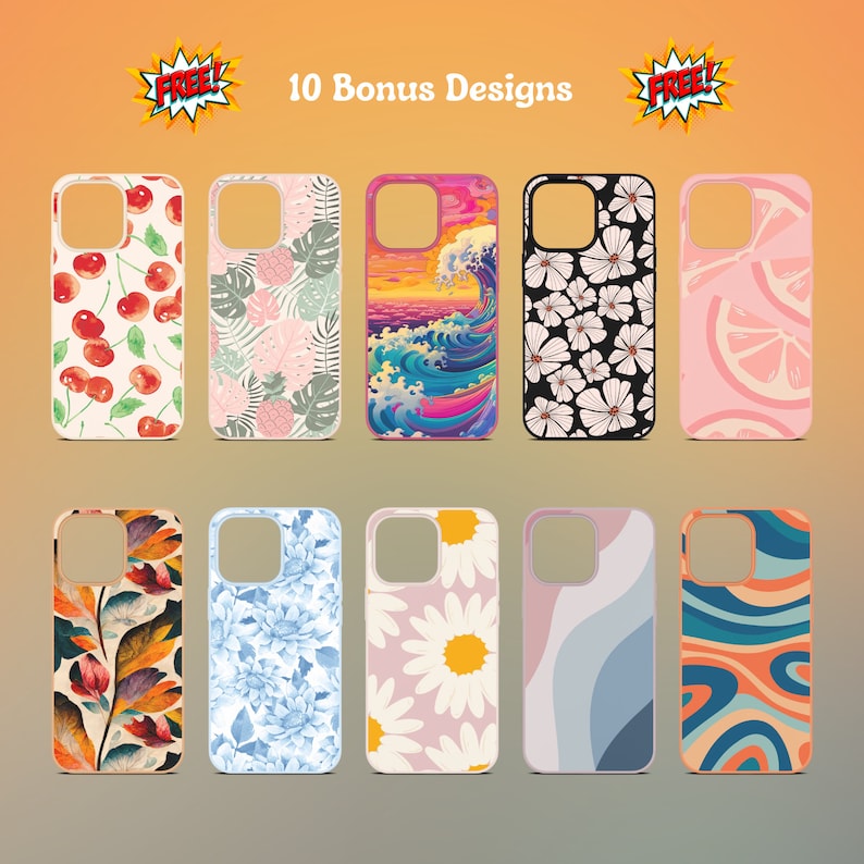 Peut inclure: Dix designs diff&eacute;rents de coques de t&eacute;l&eacute;phone pr&eacute;sentant divers motifs. Les motifs comprennent des cerises, des ananas, des vagues oc&eacute;aniques, des fleurs, des citrons, des feuilles, des hortensias, des marguerites, des vagues abstraites et des tourbillons abstraits. Les coques sont toutes blanches avec un contour noir.