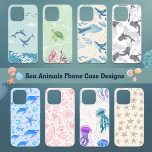 Puede incluir: Ocho diseños diferentes de carcasas para teléfonos con animales marinos y patrones con temática oceánica. Los diseños incluyen una ballena azul, una tortuga, una estrella de mar, conchas marinas, medusas y un arrecife de coral. El texto "Sea Animals Phone Case Designs" se muestra en la parte inferior de la imagen.