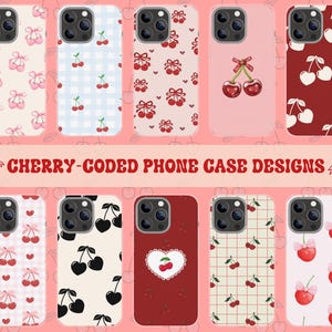 Op de afbeelding: Tien verschillende telefoonhoesontwerpen met een kersenthema. De ontwerpen omvatten rode en witte kersen, ruitjespatronen en harten. De tekst "CHERRY-CODED PHONE CASE DESIGNS" staat bovenaan de afbeelding.