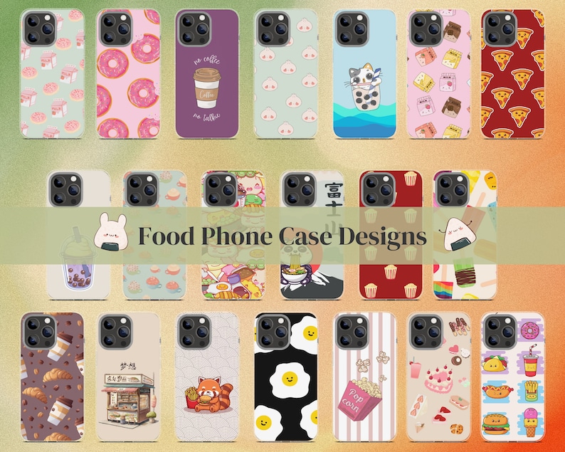 Peut inclure: Une collection de 20 designs de coques de t&eacute;l&eacute;phone diff&eacute;rents mettant en sc&egrave;ne des illustrations de nourriture vari&eacute;es. Les designs incluent des donuts, du caf&eacute;, du boba tea, des pizzas, des ramen, des cupcakes, des sushis, des &oelig;ufs, du pop-corn, et plus encore.