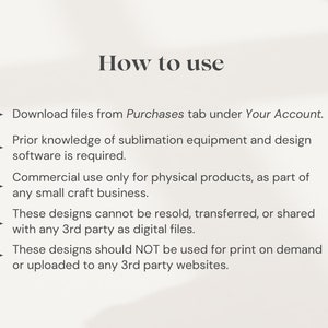 Peut inclure: Instructions d'utilisation de ces designs num&eacute;riques. T&eacute;l&eacute;chargez les fichiers depuis l'onglet Achats sous Votre Compte. Une connaissance pr&eacute;alable de l'&eacute;quipement de sublimation et des logiciels de conception est requise. Utilisation commerciale uniquement pour les produits physiques, dans le cadre de toute petite entreprise artisanale. Ces designs ne peuvent pas &ecirc;tre revendus, transf&eacute;r&eacute;s ou partag&eacute;s avec un tiers sous forme de fichiers num&eacute;riques. Ces designs ne doivent PAS &ecirc;tre utilis&eacute;s pour l'impression &agrave; la demande ou t&eacute;l&eacute;charg&eacute;s sur des sites Web tiers.