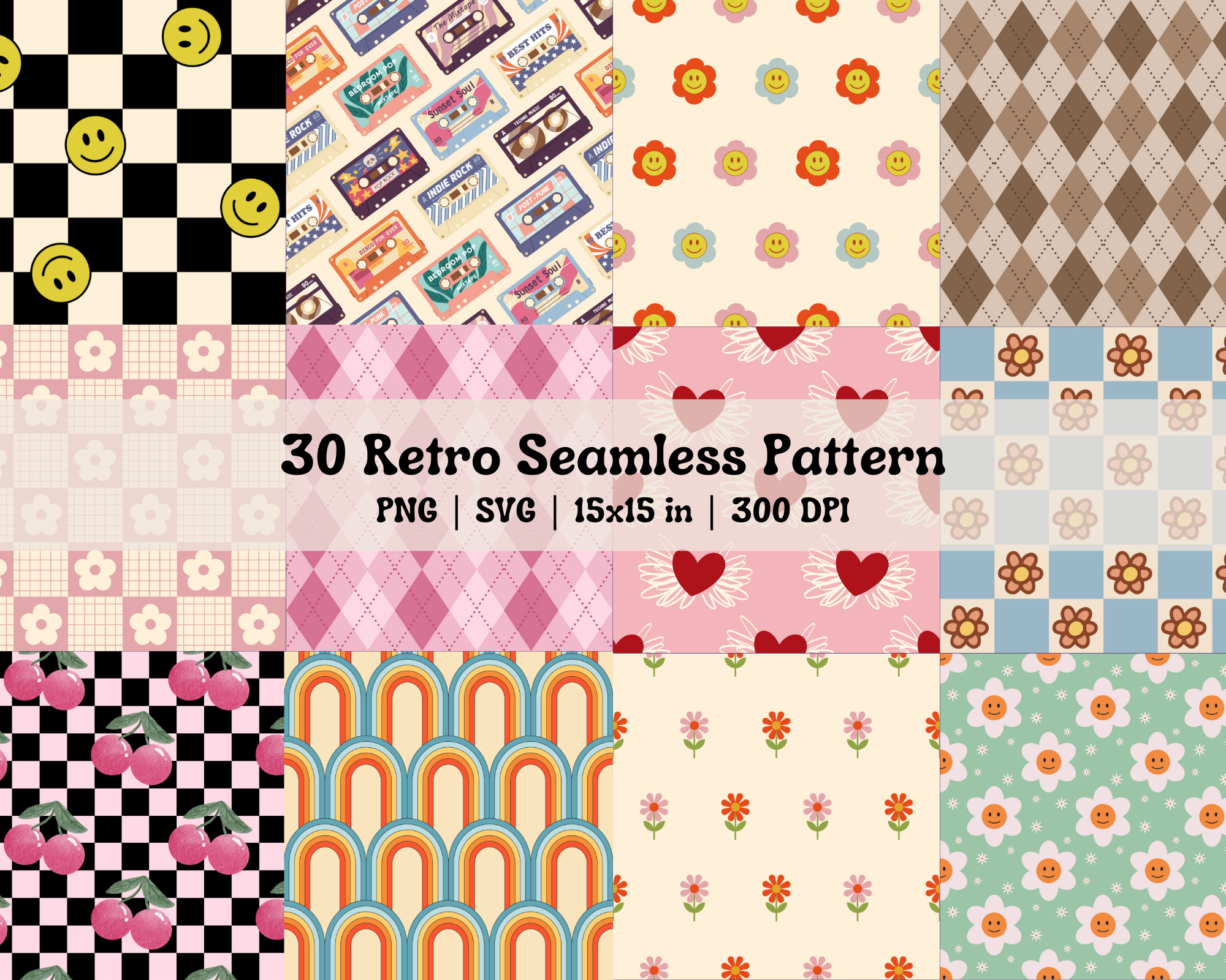 Retro Seamless Pattern, Retro PNG SVG, Retro Prints, Retro Flower PNG ...