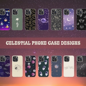 Peut inclure: Dix designs diff&eacute;rents de coques de t&eacute;l&eacute;phone sur le th&egrave;me c&eacute;leste. Les designs comprennent des astronautes, des plan&egrave;tes, des &eacute;toiles et des lunes. Les coques sont toutes en noir et blanc avec une vari&eacute;t&eacute; de couleurs.