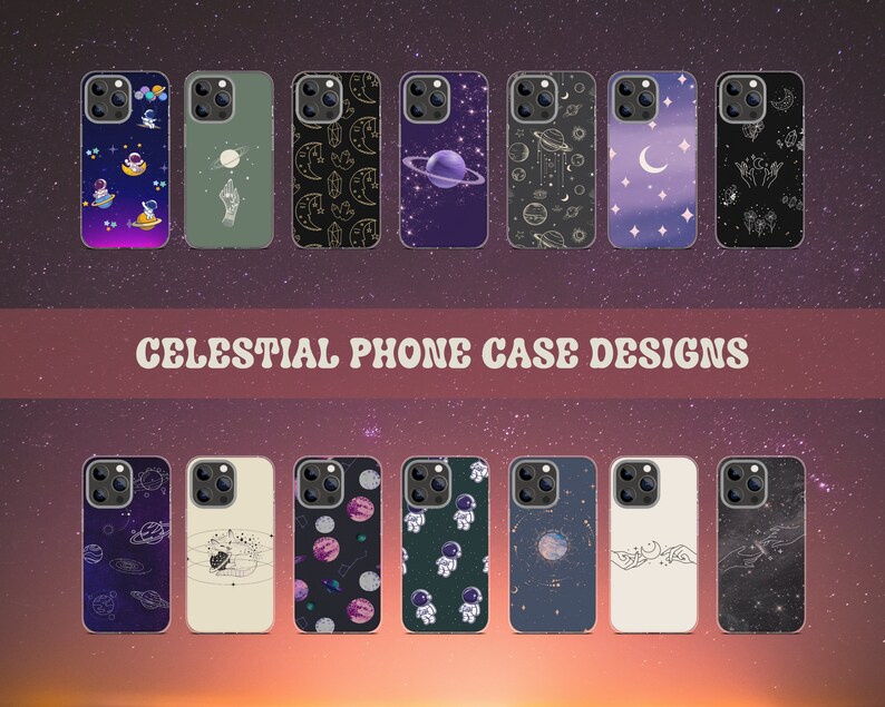 Peut inclure: Dix designs diff&eacute;rents de coques de t&eacute;l&eacute;phone sur le th&egrave;me c&eacute;leste. Les designs comprennent des astronautes, des plan&egrave;tes, des &eacute;toiles et des lunes. Les coques sont toutes en noir et blanc avec une vari&eacute;t&eacute; de couleurs.