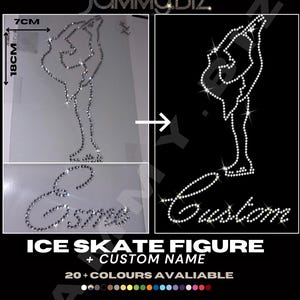 Ensemble figurine de patin à glace en cristal et nom personnalisé, patinage sur glace, personnalisé - écusson thermocollant avec strass et strass pour vêtements de transfert à chaud