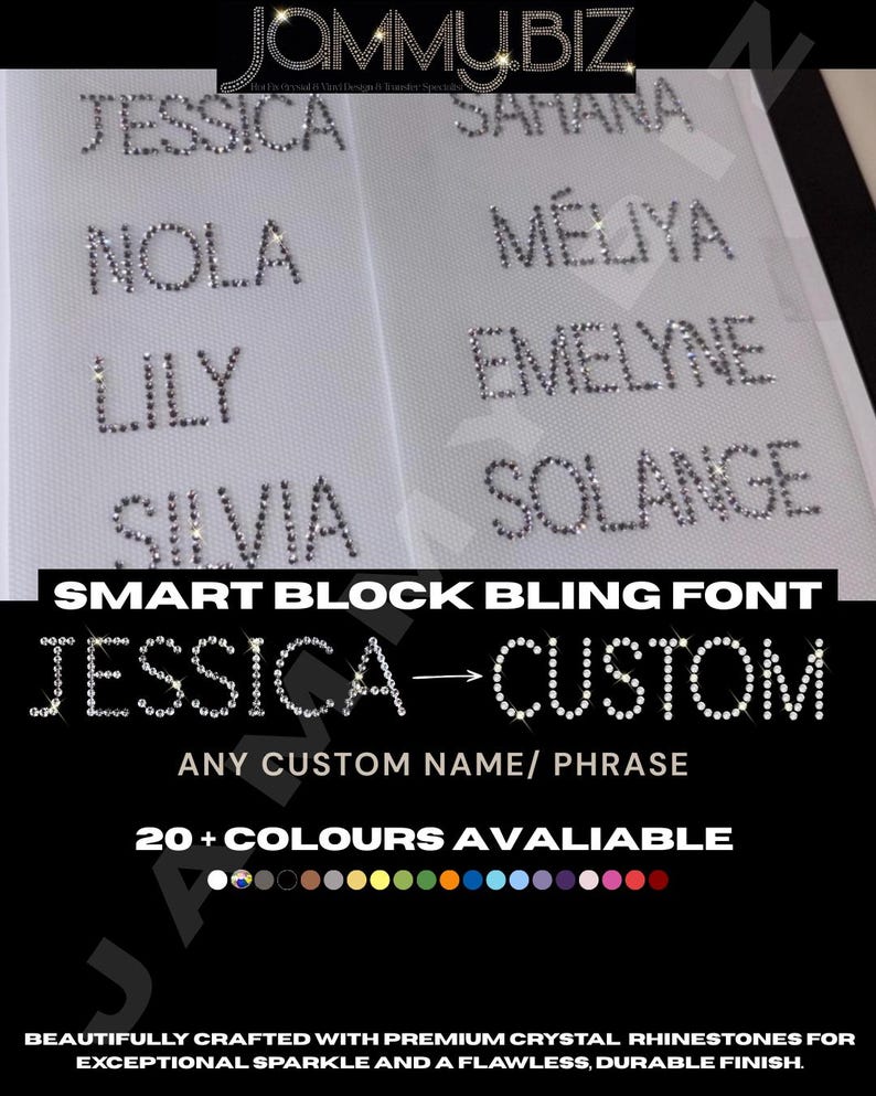 Names With Rhinestone Small- Smart Block Bling Font- Personalised - Custom Iron on Hot Fix ...