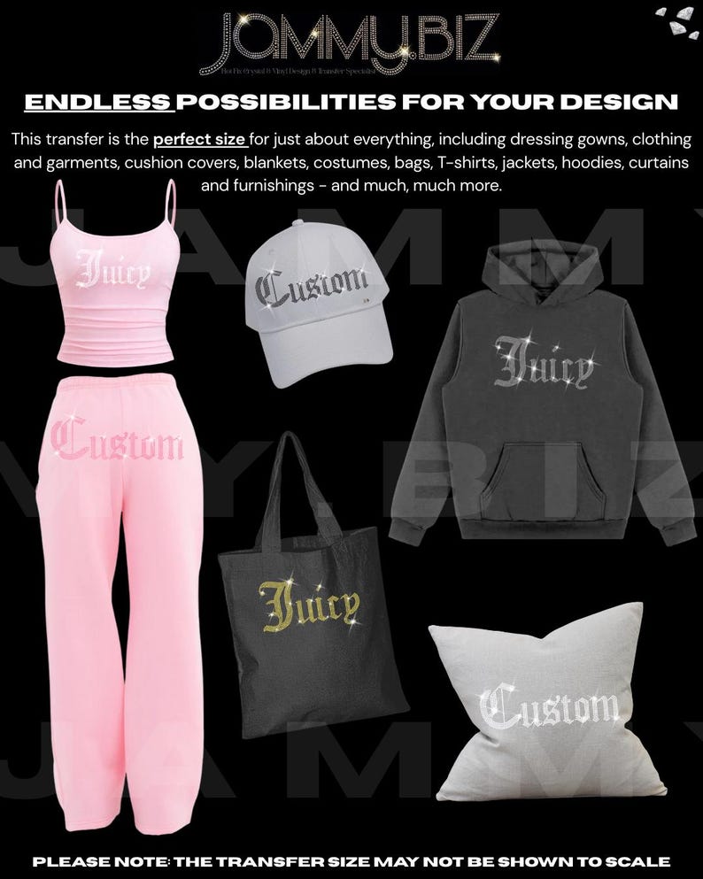 Puede incluir: Una colecci&oacute;n de ropa y accesorios con transferencias de pedrer&iacute;a con el texto Juicy y Custom. Los art&iacute;culos incluyen una camiseta sin mangas y pantalones de ch&aacute;ndal rosas, una gorra de b&eacute;isbol gris, una sudadera con capucha gris oscuro, una bolsa de tela negra y una funda de coj&iacute;n gris.