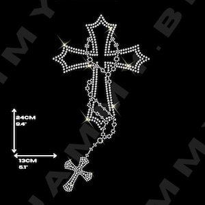 Parche de cristal con transferencia de diamantes de imitación, cruz gótica, rosario, cuentas de oración, apliques, bricolaje, fijación en caliente, planchado