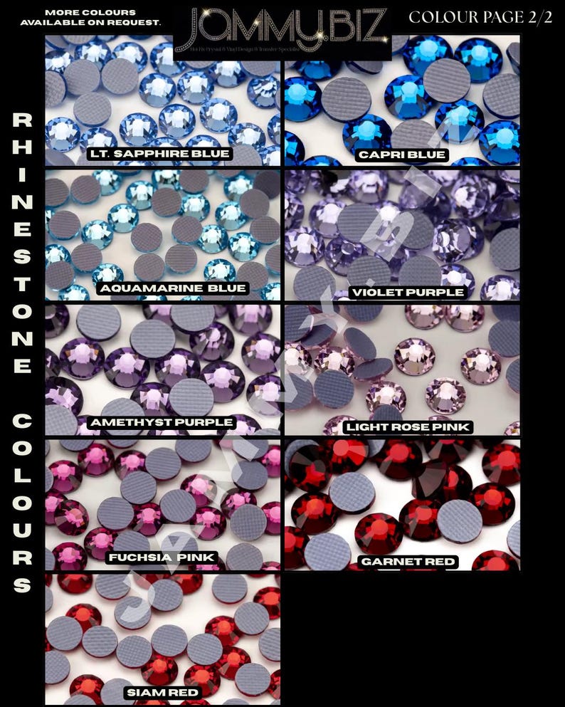 Puede incluir: Una carta de colores que muestra nueve variedades de pedrer&iacute;a redonda etiquetadas como Lt. Sapphire Blue, Capri Blue, Aquamarine Blue, Violet Purple, Amethyst Purple, Light Rose Pink, Fuchsia Pink, Garnet Red y Siam Red, con texto JammyBiz Colour Page 2/2.