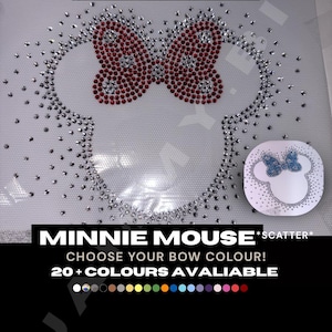 May include: A Minnie Mouse design made with sparkling rhinestones. The design features a red bow and is surrounded by clear rhinestones. The text "MINNIE MOUSE" and "CHOOSE YOUR BOW COLOUR!" are also visible.