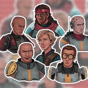 May include: Five illustrated character stickers featuring a group of people wearing futuristic armor and helmets. The characters are in various poses and have different facial expressions. The stickers are on a white background.