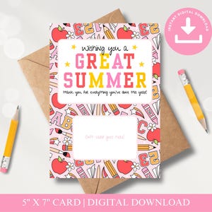 Porte-cartes cadeau de fin d'année pour enseignant, imprimable, cadeau de remerciement pour le dernier jour d'école de l'enseignant, téléchargement numérique non modifiable