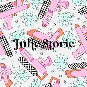 May include: A seamless pattern featuring pink water guns with black and white checkered details, blue water splashes, and white stars on a light gray background. The text "Julie Storie Designs" is centered in the pattern.