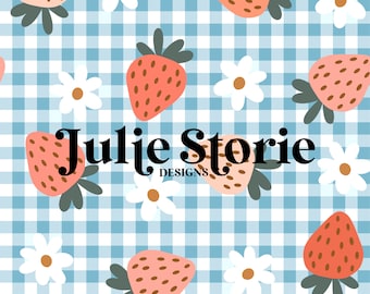 Strawberries on Blue Gingham Seamless Pattern, Strawberry Gingham Design, Summer Strawberry Fabric Design