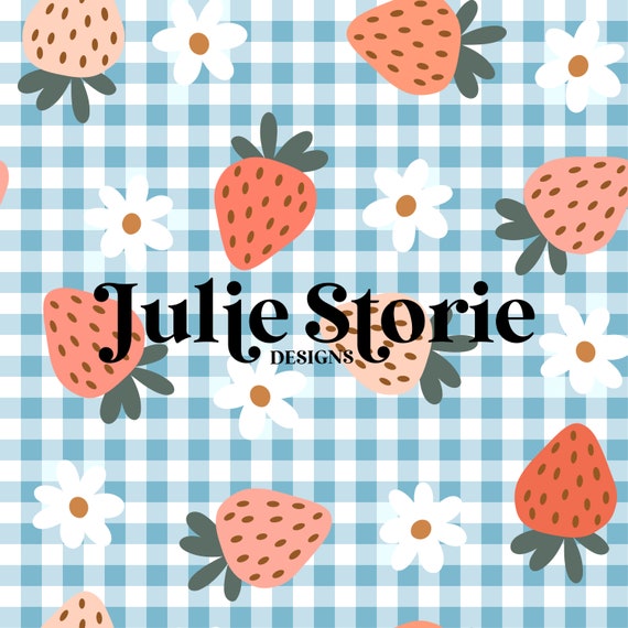 Strawberries on Blue Gingham Seamless Pattern, Strawberry Gingham Design, Summer Strawberry Fabric Design