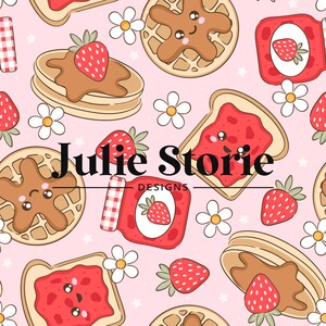 May include: A seamless pattern featuring a pink background with various breakfast foods, including waffles, toast, and pancakes, all with cute faces. The pattern also includes strawberries and jars of jam.