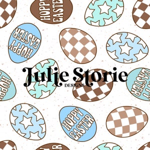 May include: A seamless pattern featuring various Easter egg designs. The eggs are decorated with checkered patterns, stars, and the text "Hoppy Easter". The background is a light beige with a speckled texture.