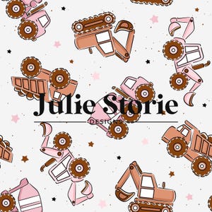 May include: A seamless pattern featuring pink and brown construction vehicles on a white background with small white stars. The text "Julie Storie Designs" is centered in the pattern.