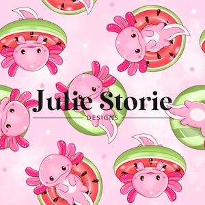 Può includere: Un assoloto rosa e bianco che indossa un galleggiante a forma di anguria su uno sfondo rosa con stelle bianche. Il testo "Julie Storie Designs" è al centro dell'immagine.