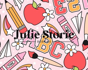 Back to School Seamless Pattern, Pre School Seamless Design, Pink School Seamless Pattern