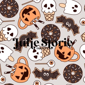 May include: A seamless pattern featuring Halloween-themed illustrations, including orange and black jack-o'-lantern mugs, chocolate donuts with orange sprinkles, white ice cream cones with skull toppers, bats, and ghost-shaped popsicles. The text "Julie Storie Designs" is also included in the pattern.
