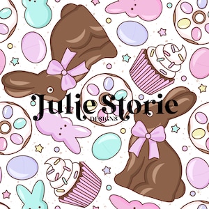 May include: A seamless pattern featuring chocolate bunnies, pastel-coloured Easter eggs, cupcakes and doughnuts. The background is white with a speckled texture. The text "Julie Storie Designs" is in the centre of the pattern.