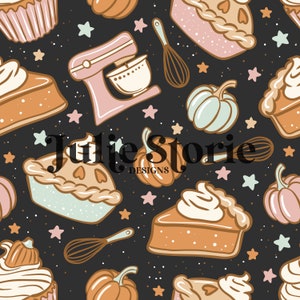 May include: A seamless pattern featuring a variety of autumn-themed elements, including pies, cupcakes, pumpkins, and a stand mixer. The background is a dark grey with white stars. The text "Julie Storie Designs" is featured in the centre of the pattern.