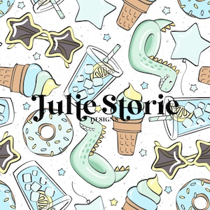 May include: A seamless pattern featuring a variety of summer-themed illustrations, including ice cream cones, donuts, sunglasses, lemonade, and inflatable pool floats. The pattern is set against a white background with a subtle speckled texture. The text "Julie Storie Designs" is featured in the center of the pattern.