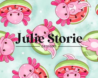 Naadloos Axolotl-ontwerp, roze Axolotl-zwempatroon, Axolotl en watermeloen naadloos patroon