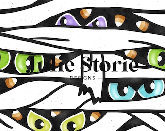 Spooky Eyes Mummy Halloween Seamless Design, Halloween Mummy Seamless File, Cute Halloween Design File