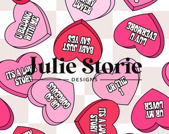 Candy Hearts Seamless Pattern, Conversation Hearts Seamless Design, Valentines Pattern