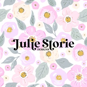 May include: A seamless pattern featuring pink, white, and purple flowers with green leaves on a white background. The text "Julie Storie Designs" is centred on the pattern.