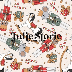 May include: A seamless pattern featuring a whimsical Christmas theme with nutcracker soldiers, rocking horses, candy canes, and presents. The pattern is in a light beige color with red, green, and gold accents. The text "Julie Storie Designs" is included in the pattern.
