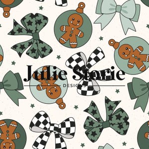 May include: A seamless pattern featuring gingerbread men ornaments, bows with stars, and checkered bows on a cream background. The text "Julie Storie Designs" is centered on the pattern.