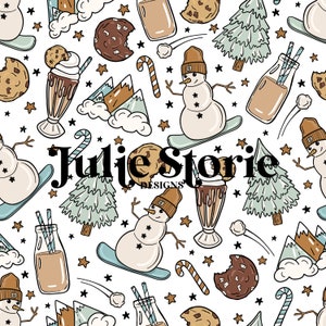 Snowboarding Snowman Blue on White Seamless Repeat Pattern