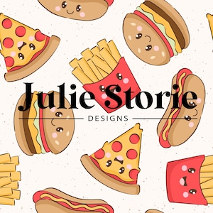 May include: A seamless pattern featuring cute cartoon food items like pizza, hot dogs, hamburgers, french fries, and a red box of fries. The text "Julie Storie Designs" is in the center of the pattern.