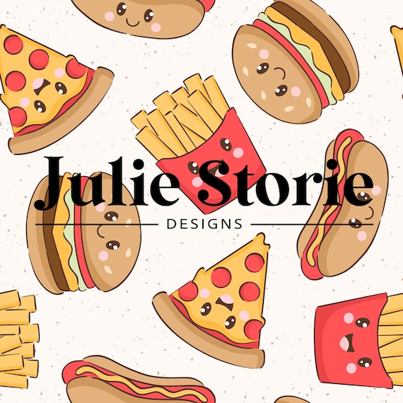 Burgers and Fries Seamless Patterns, Pizza Seamless Design, Cute Food Seamless Design