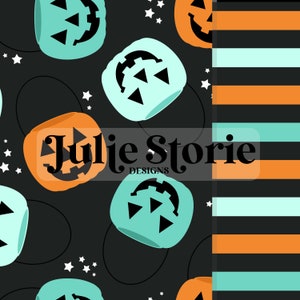May include: A Halloween-themed pattern featuring orange and teal jack-o'-lanterns with black faces and handles, scattered on a dark gray background with white stars. The design includes a striped pattern with orange, teal, and black stripes. The text "Julie Storie Designs" is also present.